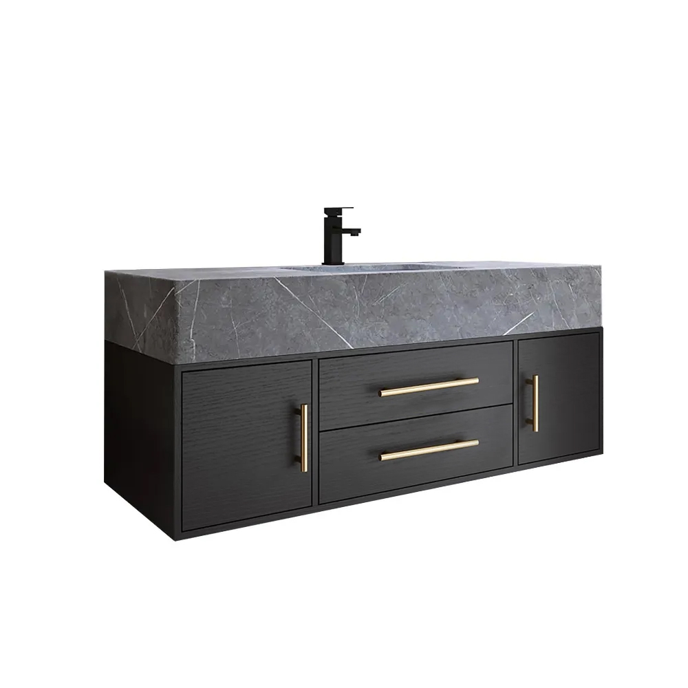 Modern 39" Floating Black Bathroom Vanity Sintered Stone Top Wall Mount Bathroom Cabinet