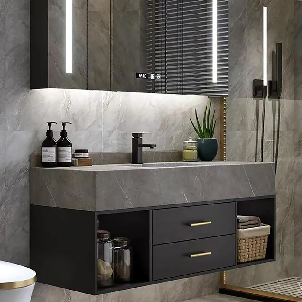 A bathroom vanity with a traditional look