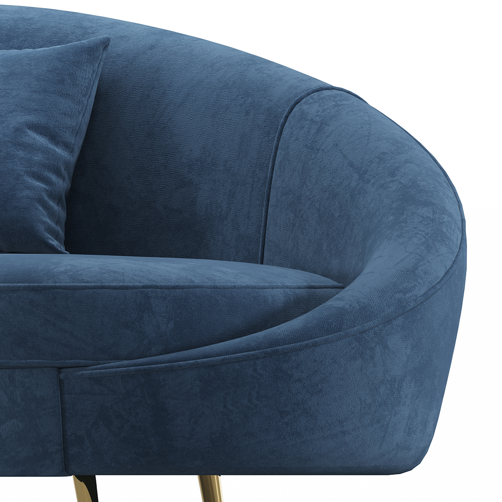 Modernes 2400 mm blaues Samt gebogenes Sofa goldene Metallbeine mit Wurfkissen