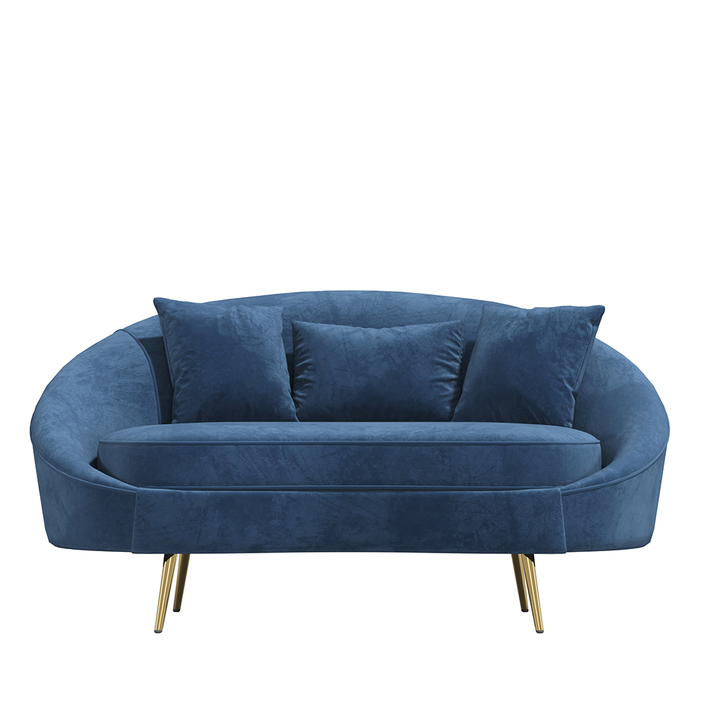 Modern 63" Blue Velvet Curved Sofa Gold Legs Toss Pillow IncludedHomary