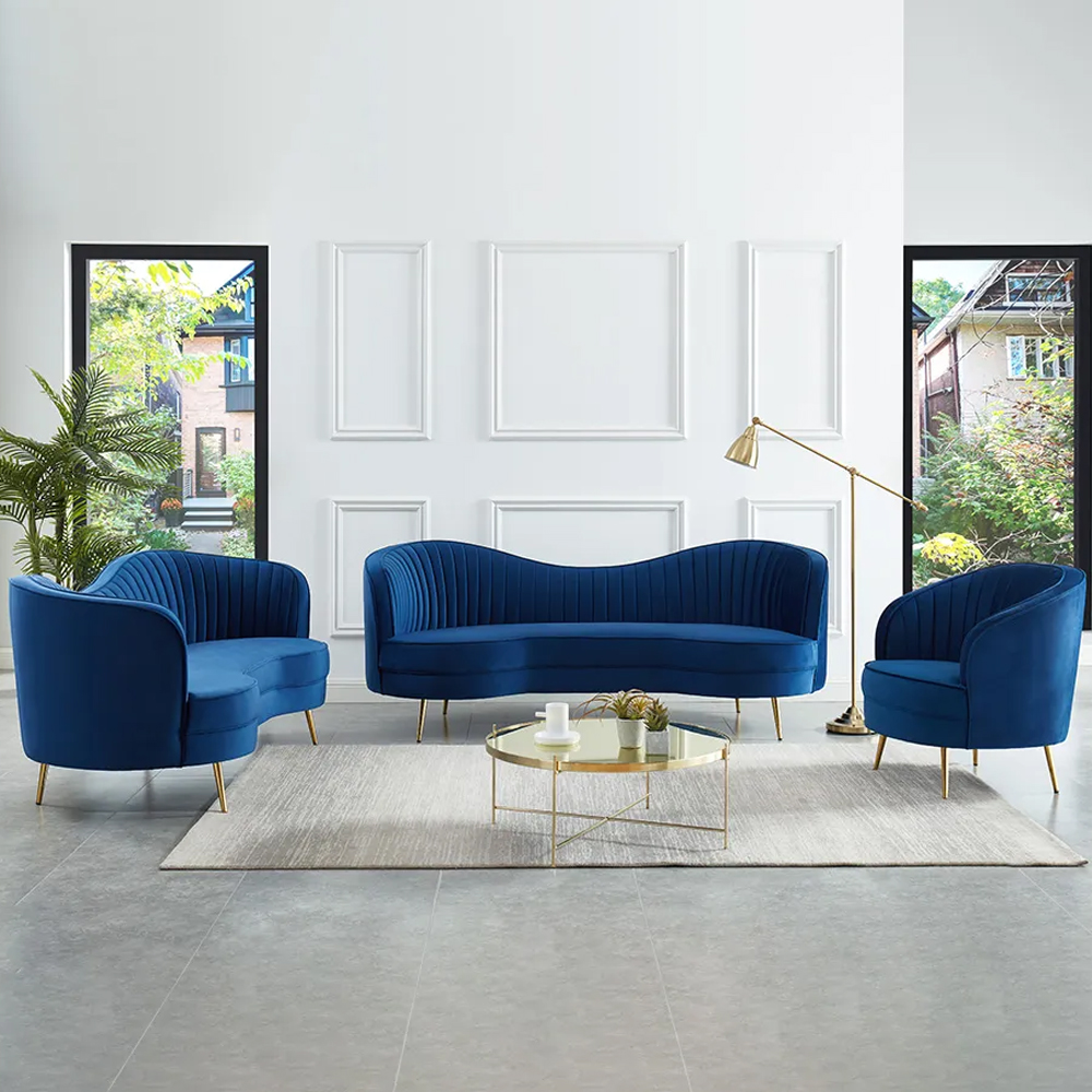 Image of Florie Luxury Blue Velvet Sofa Set 3 Pieces Living Room Set Curved 3-Seater Loveseat
