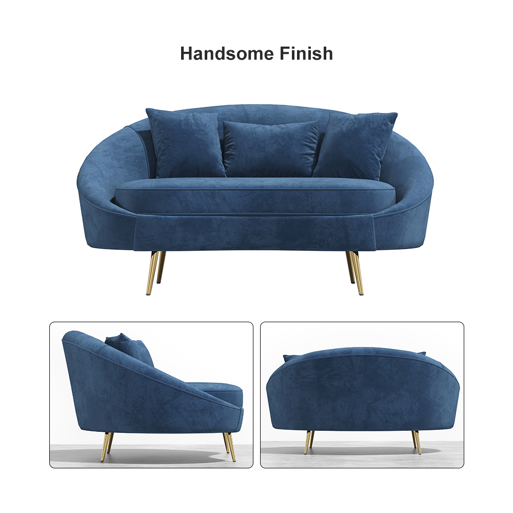 Modern 63" Blue Velvet Curved Sofa Gold Legs Toss Pillow IncludedHomary