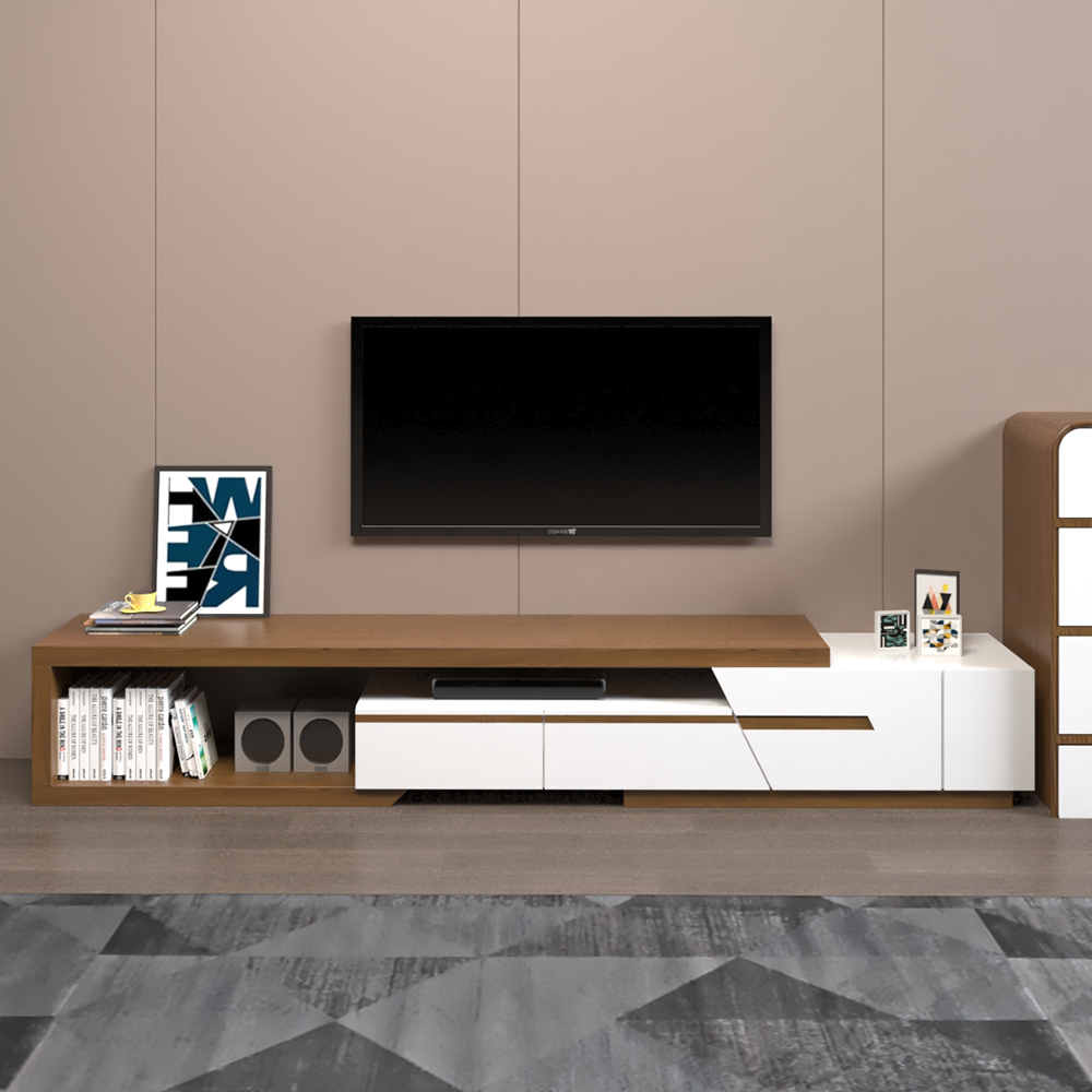 Pinkle Modern Extendable TV Stand White & Walnut with Storage