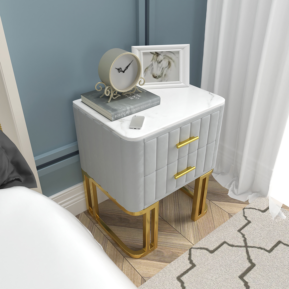 Modern Grey Small 2 Drawer Bedside Table with Faux Marble Top and Gold Base