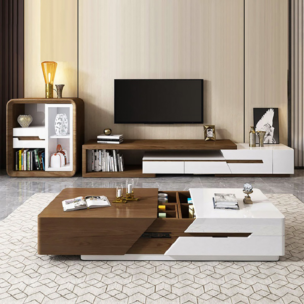 Modern Extendable TV Stand White & Walnut with Storage & Bookshelf & Drawer
