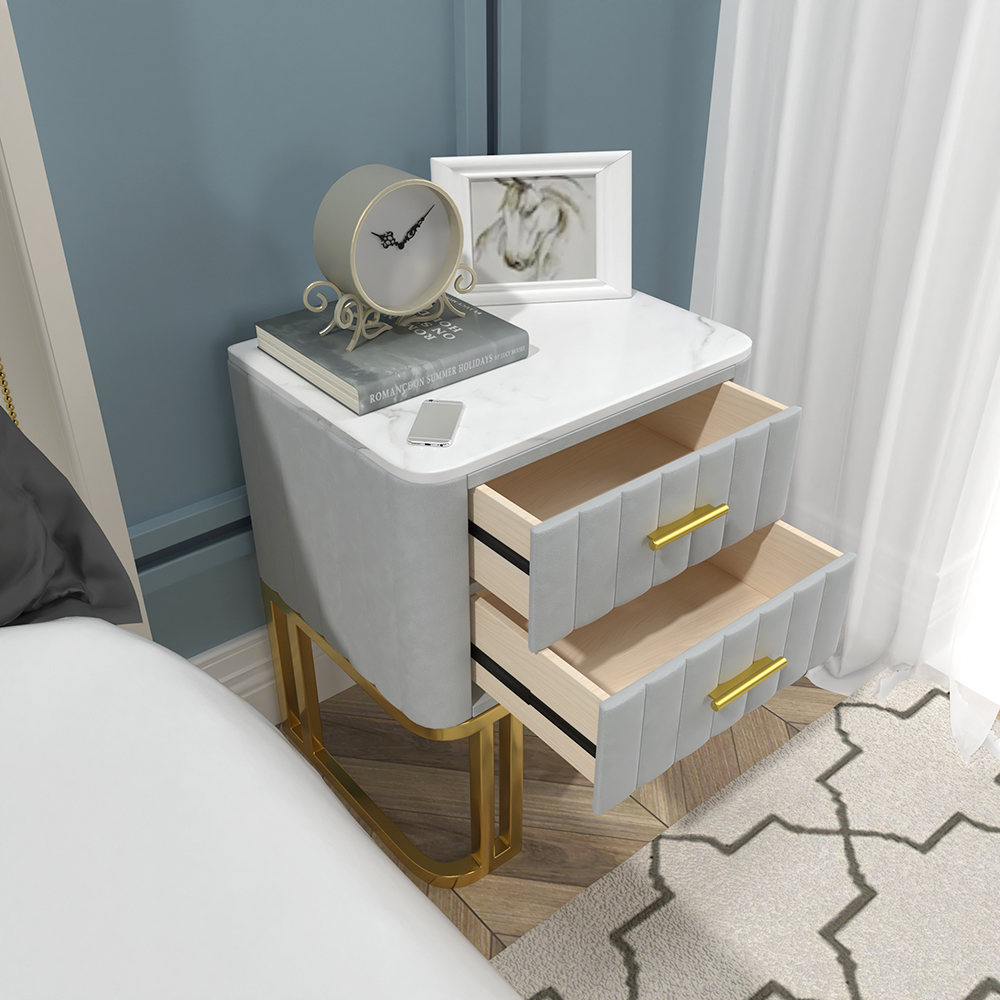 Modern Gray Narrow 2 Drawers Nightstand with  Faux Marble Top and Gold Base