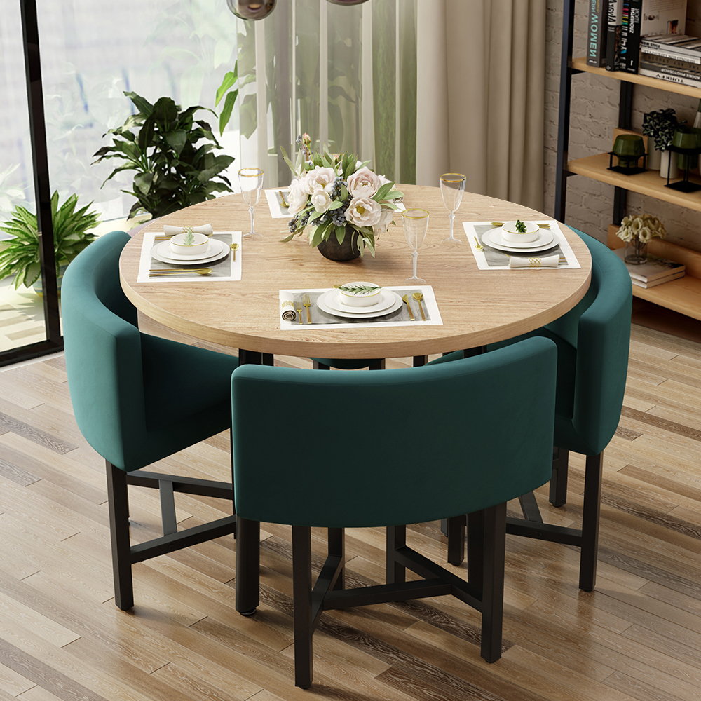 Image of 40" Round Wooden Nesting Dining Table Set for 4 Green Upholstered Chairs