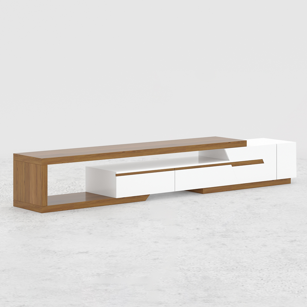 Pinkle Modern Extendable TV Stand White & Walnut with Storage & Bookshelf & Drawer