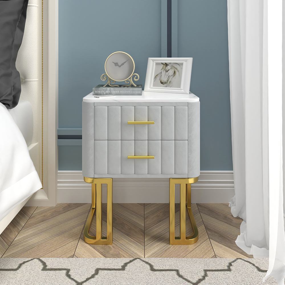 Modern Grey Small 2 Drawer Bedside Table with Faux Marble Top and Gold Base