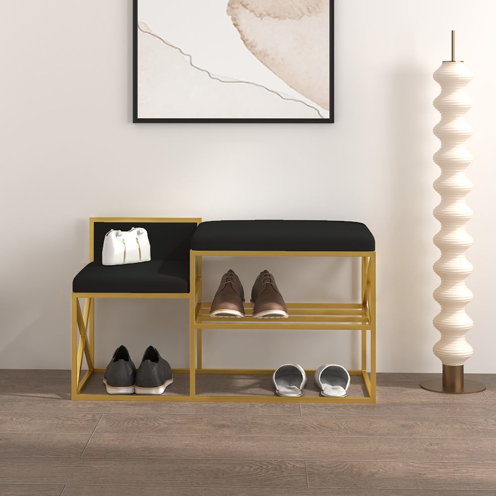 Modern PU Leather Upholstered Hallway Bench Black with Gold Legs-Homary