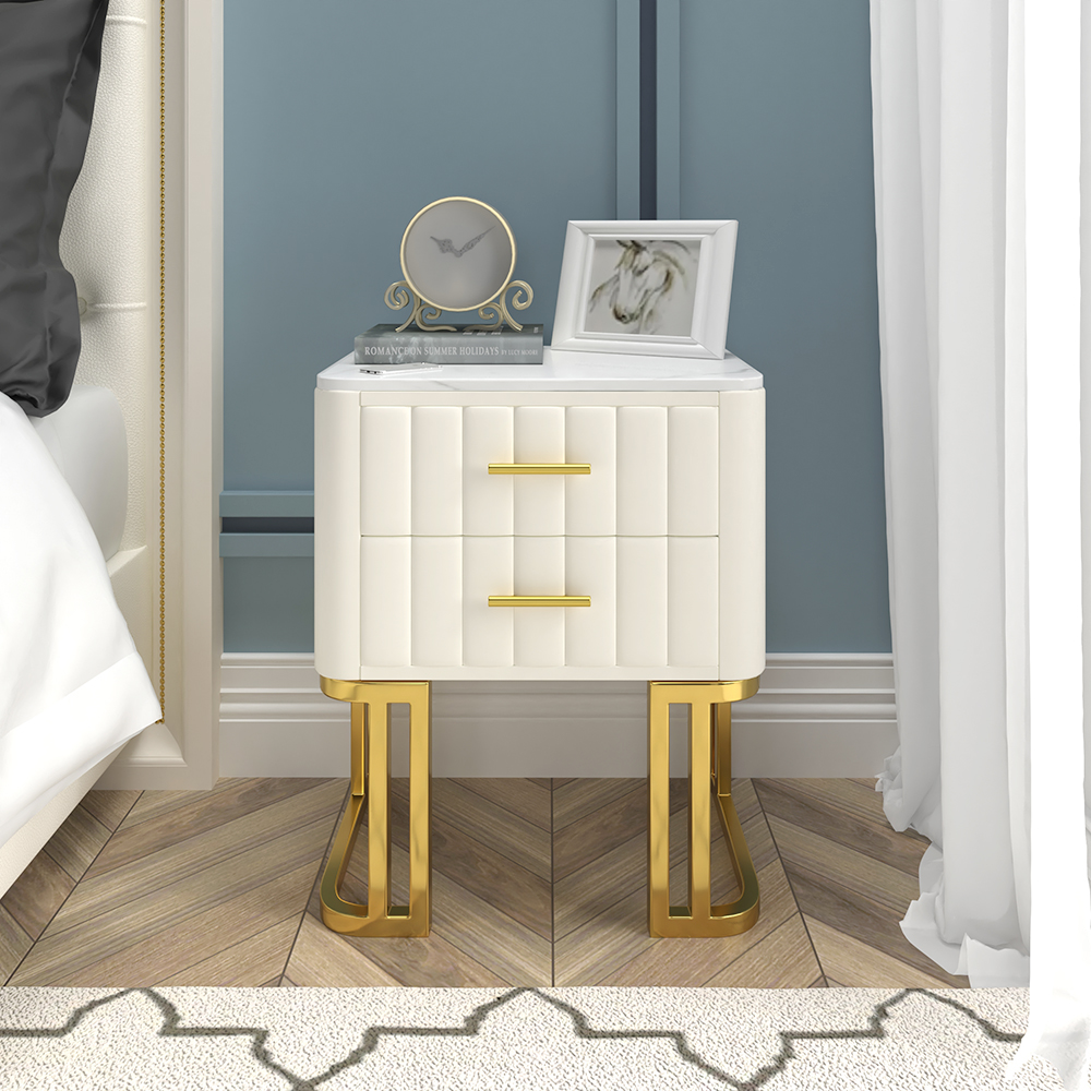 White Modern Narrow 2 Drawers Bedside Table with Faux Marble Top and Velvet Surface