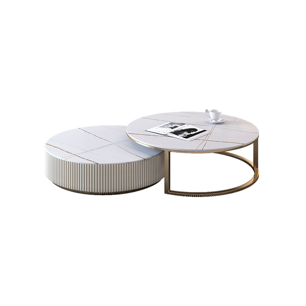 Round Modern Stone Top Nesting Coffee Table Fluted with Drawer in White