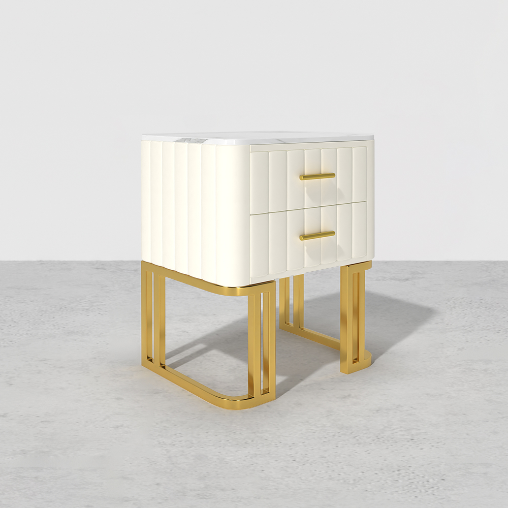 White Modern Small 2 Drawers Nightstand with Faux Marble Top and Gold Base