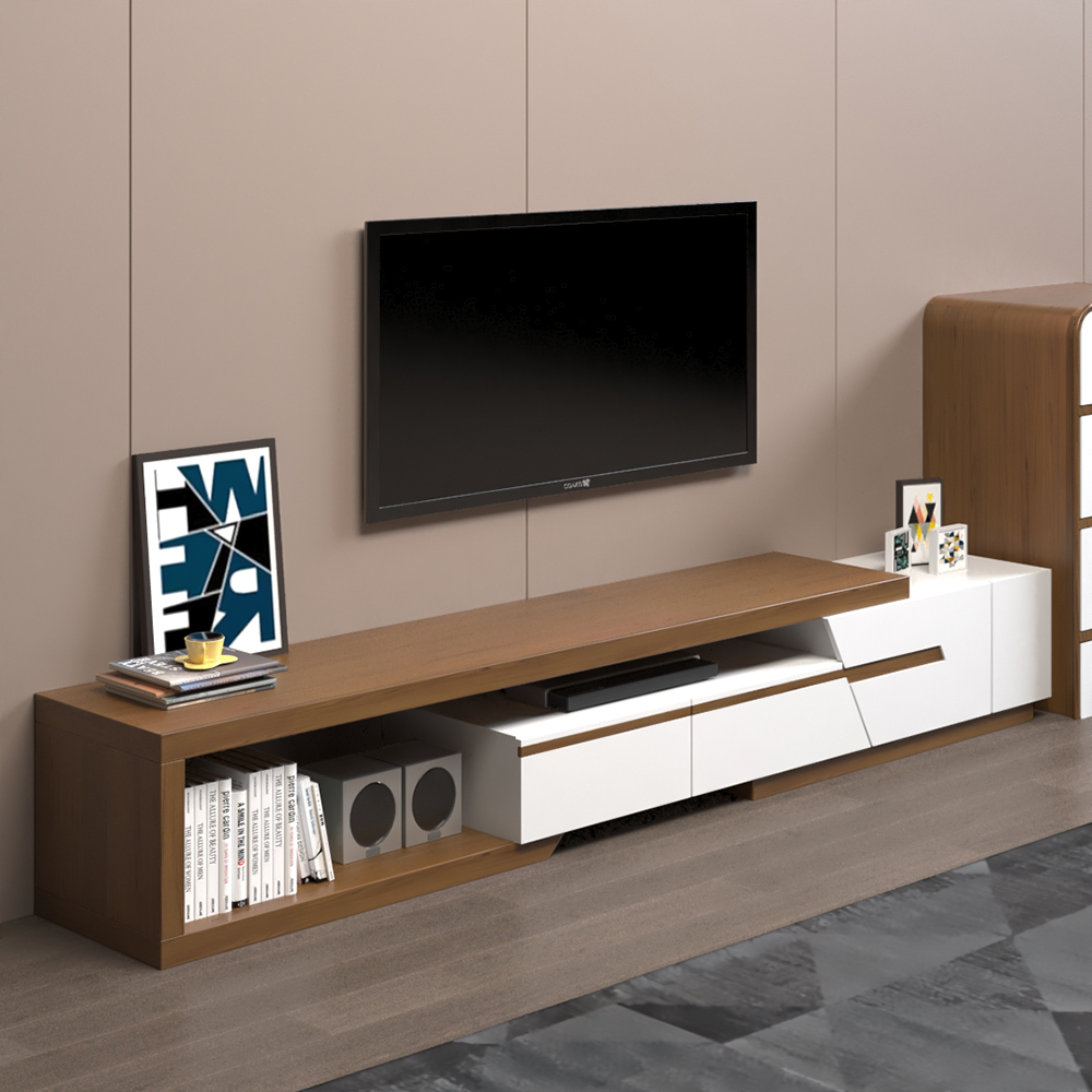 Pinkle Modern Extendable TV Stand White & Walnut with Storage & Bookshelf & Drawer