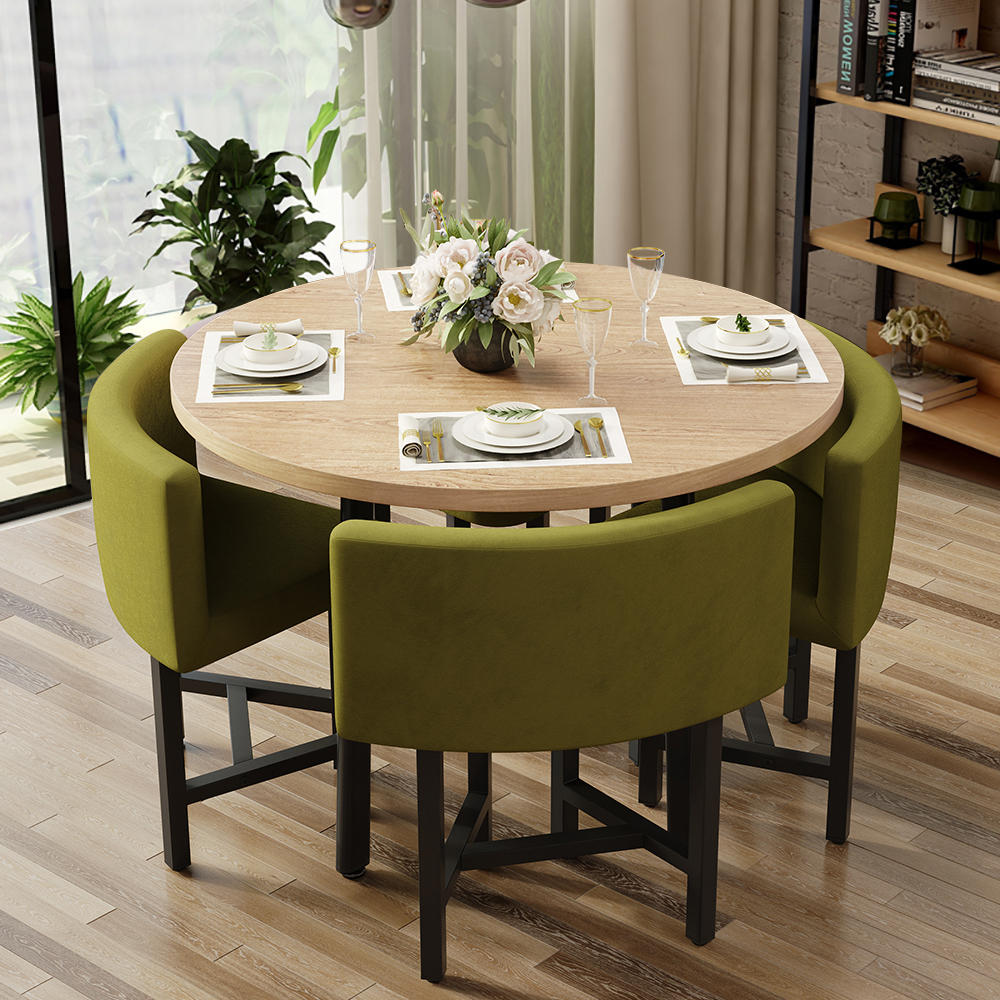 Image of 40" Round Wooden 4 Seater Dining Table Set Yellow Upholstered Chairs for Nook Balcony