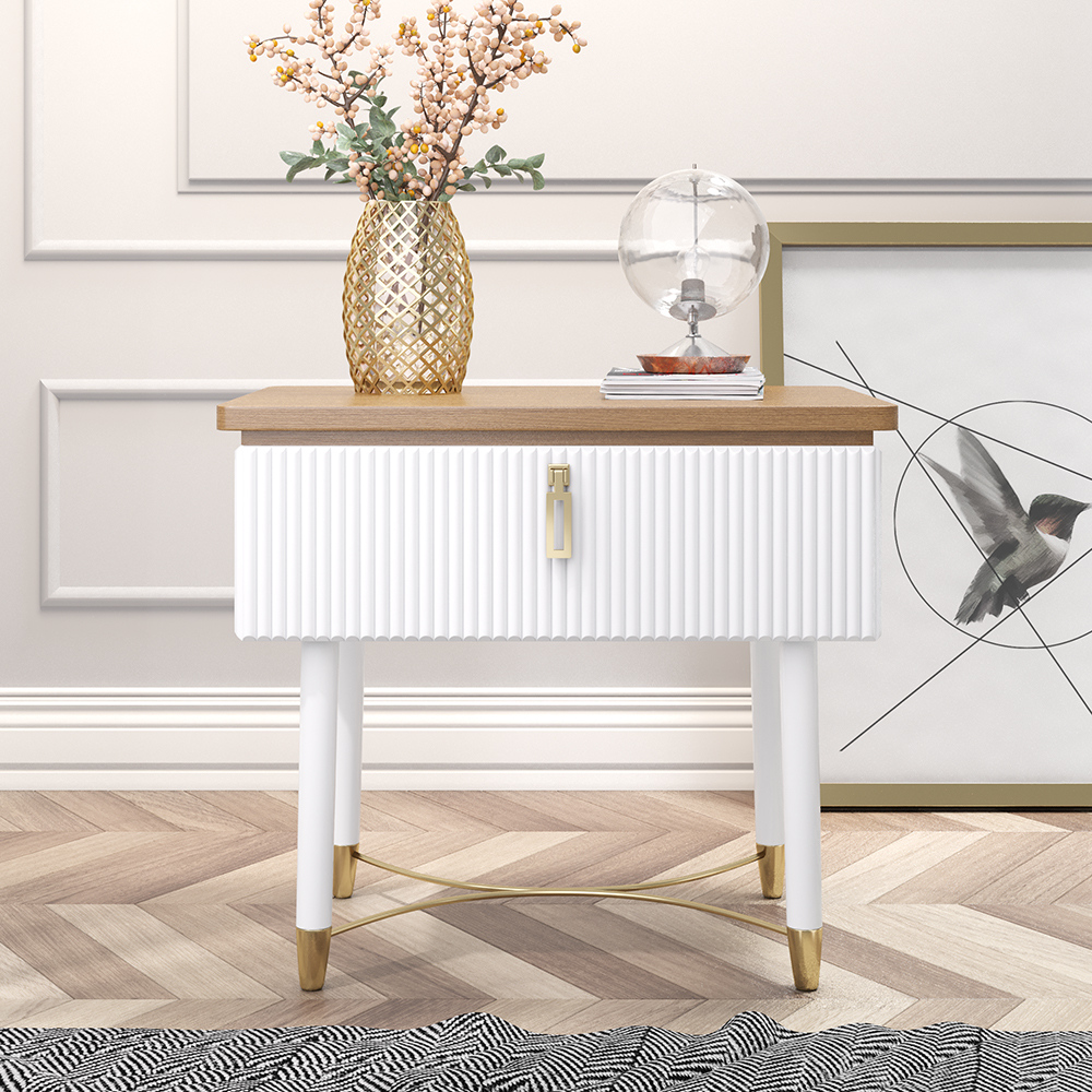 Modern White Bedside Table Wood Top Contemporary Wooden Nightstand with Drawer in Gold