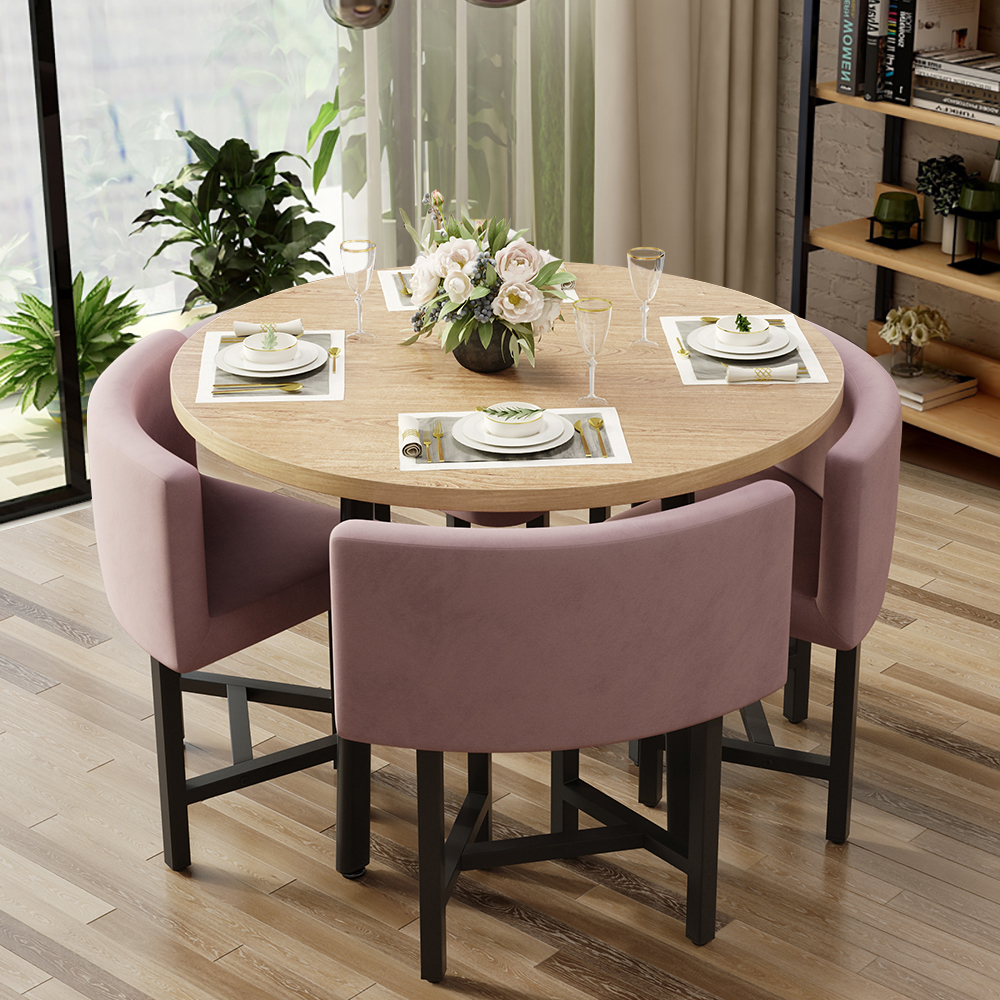 Image of 40" Round Wooden Small Dining Table Set of 4 Pink Upholstered Chairs for Nook Balcony