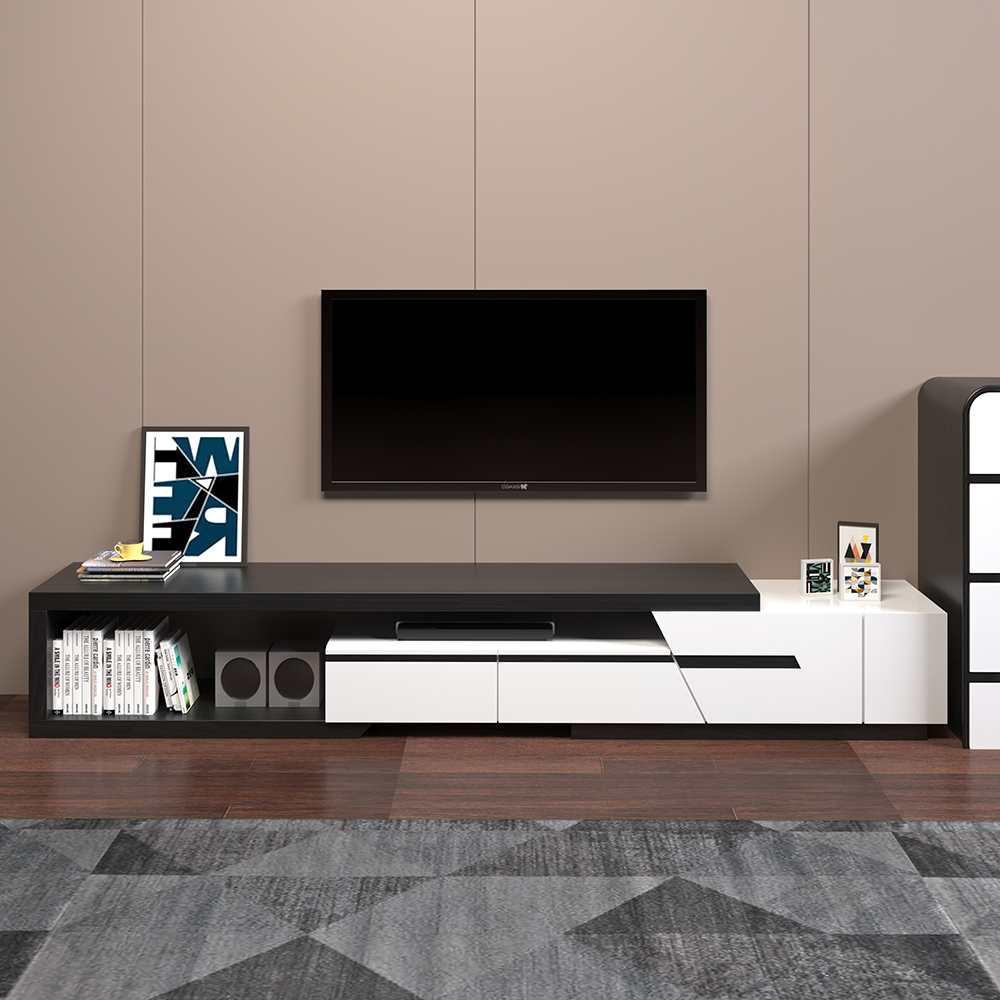 Pinkle Modern Extendable TV Stand White & Black with Storage & Bookshelf & Drawer