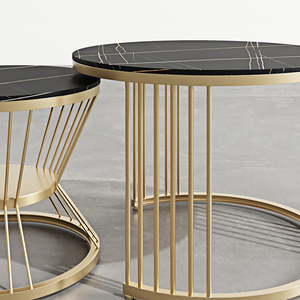 Modern Black & Gold Nesting Coffee Table Set with Stone Top 2-Piece Table