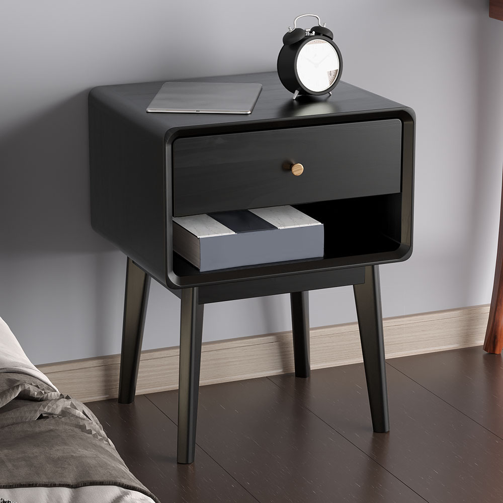 Mid-century Black 1-Drawer Bedroom Nightstand with Brass Pull