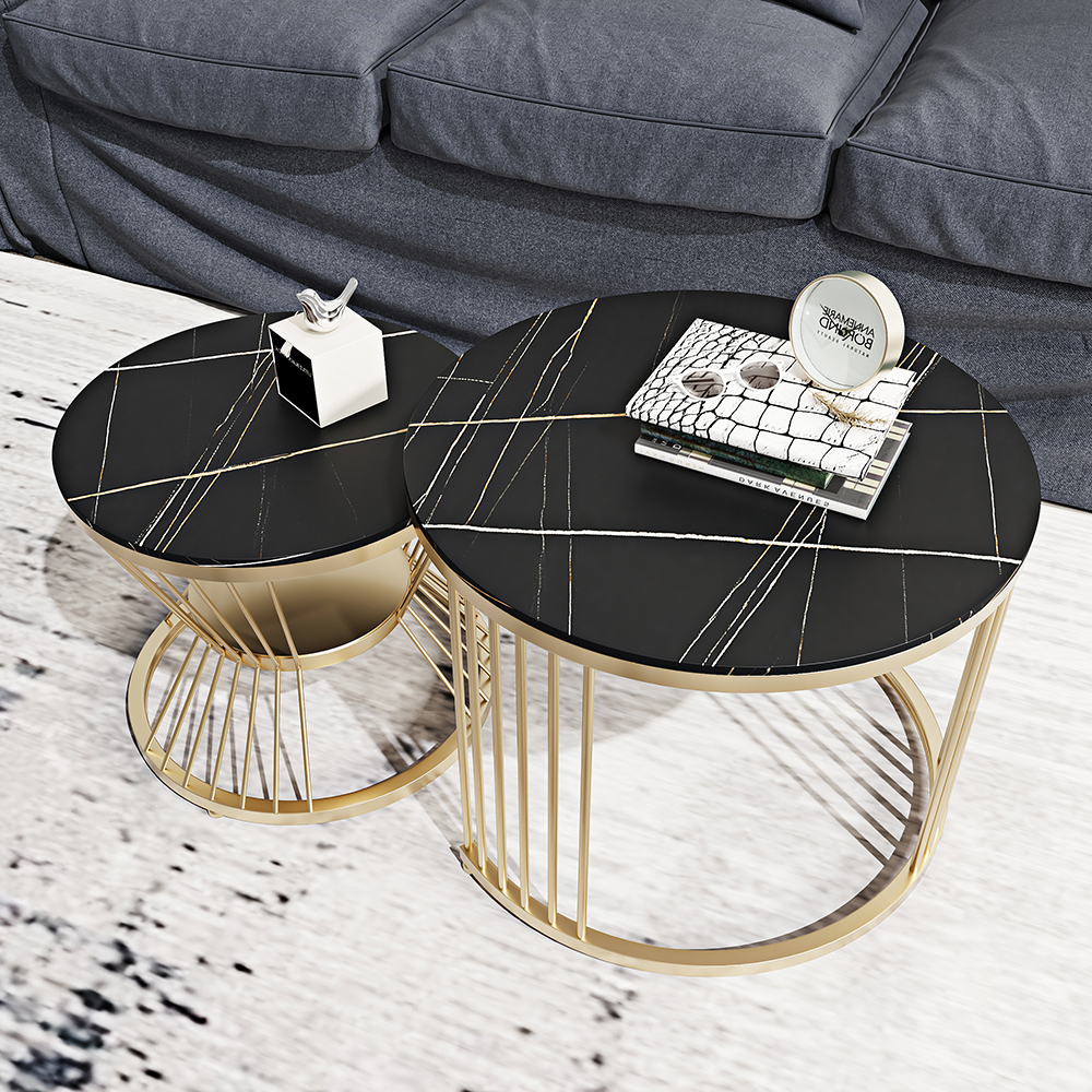 Modern Black & Gold Nesting Coffee Table Set with Sintered Stone Top 2-Piece Table