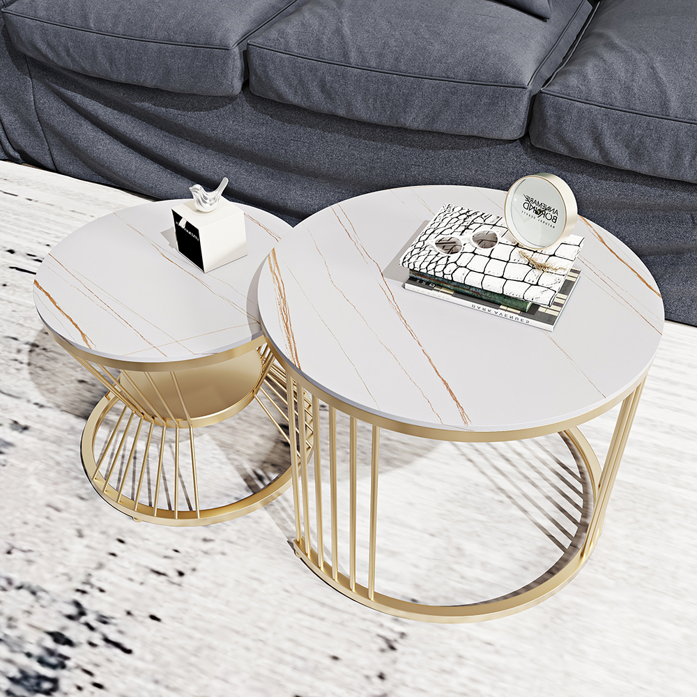 Modern White Nesting Coffee Tables Round Set of 2 with Sintered Stone Top