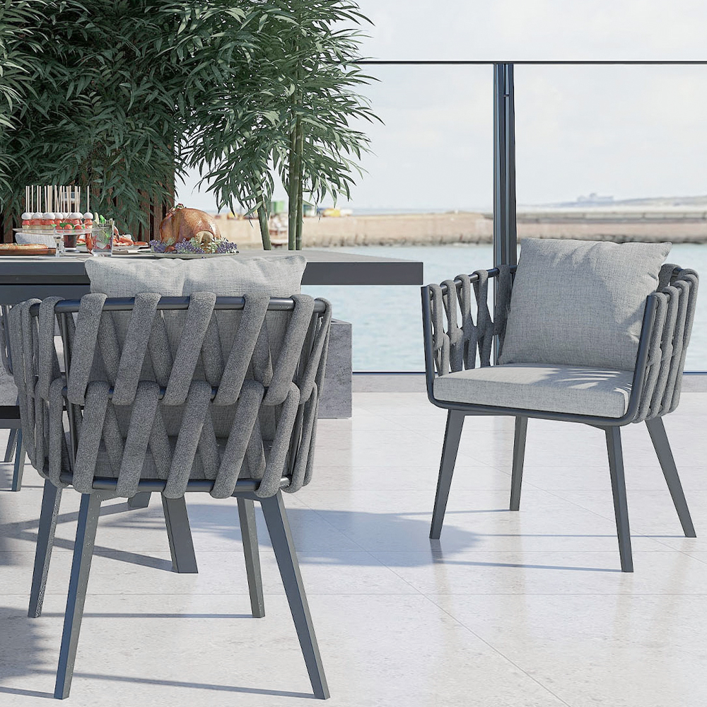 Image of Aluminum & Rattan Outdoor Patio Dining Chair Armchair with Cushion in Gray (Set of 2)