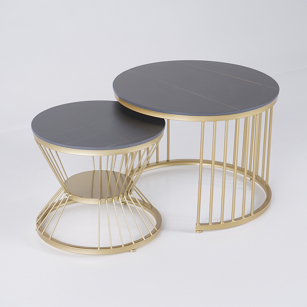 Modern Black & Gold Nesting Coffee Table Set with Stone Top 2-Piece Table