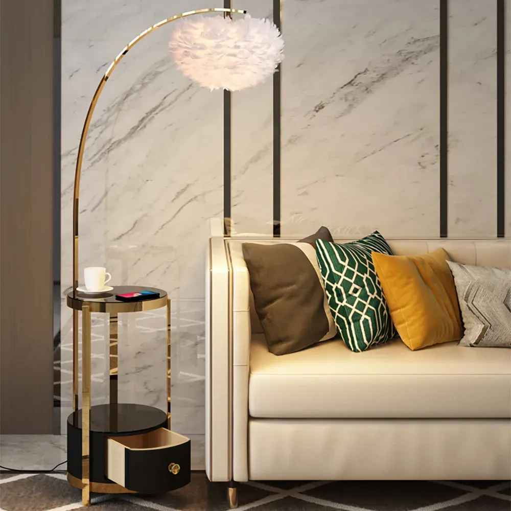Feather Overarching Floor Lamp End Table with Wireless Charging & USB