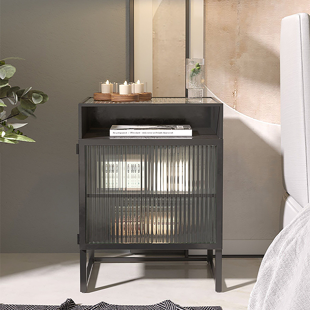 Nordic Minimalist Black Nightstand Glass Door Bedside Table with 2