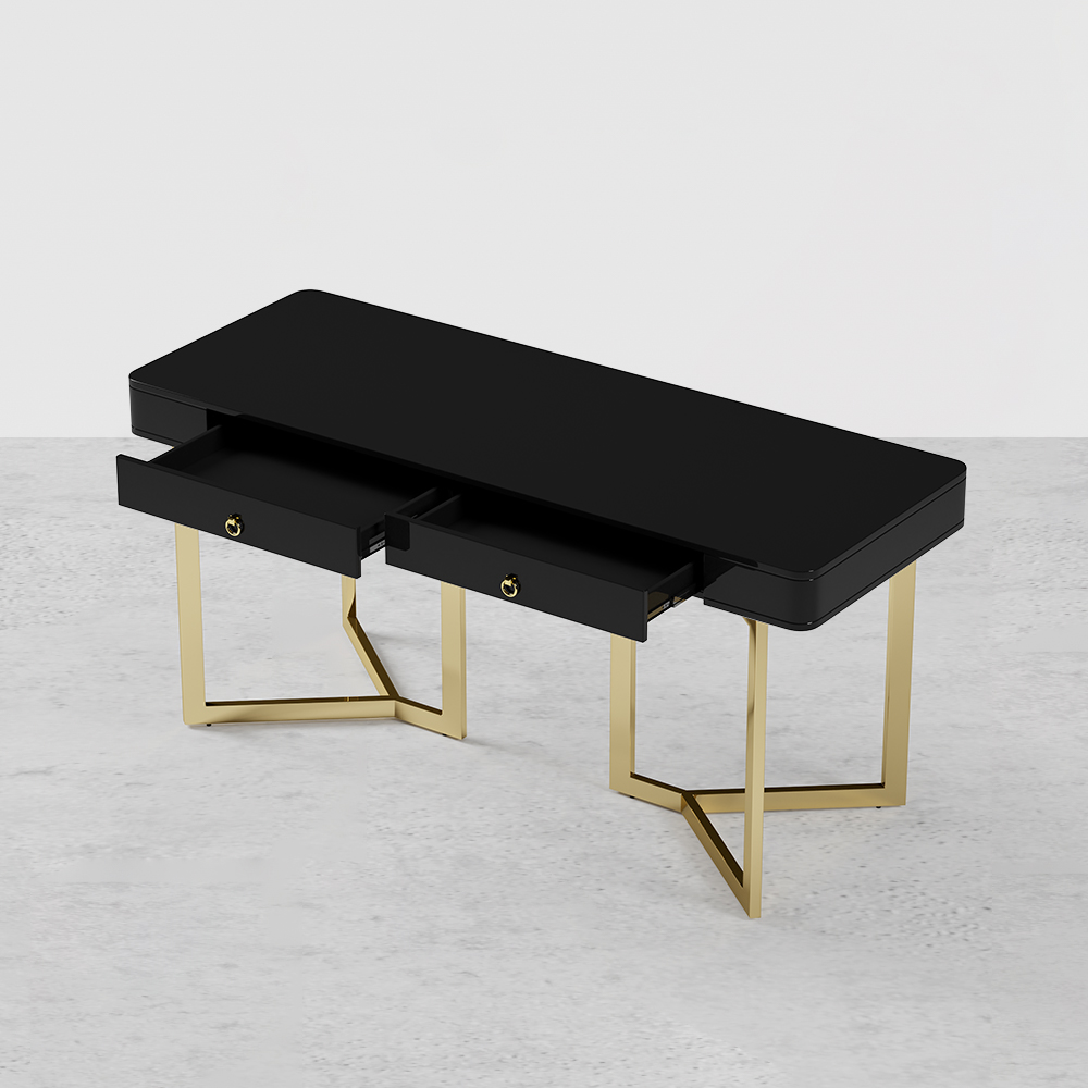 2-Drawers Black Office Desk 55" Modern Writing Desk Gold Tripod Base Stainless Steel