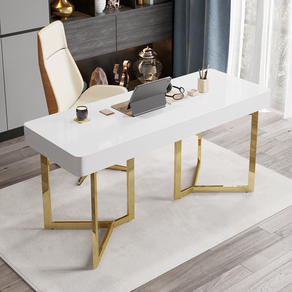 Image of 2-Drawers White Office Desk 55" Modern Writing Desk Gold Tripod Base Stainless Steel