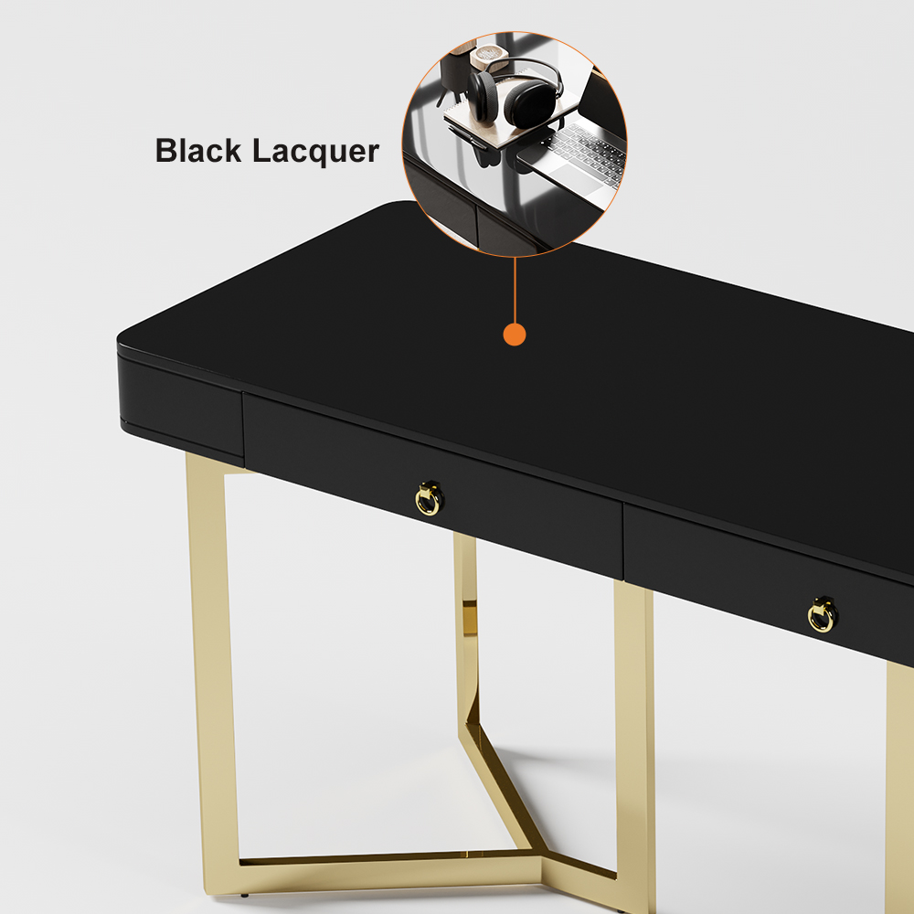 2-Drawers Black Office Desk 55" Modern Writing Desk Gold Tripod Base Stainless Steel