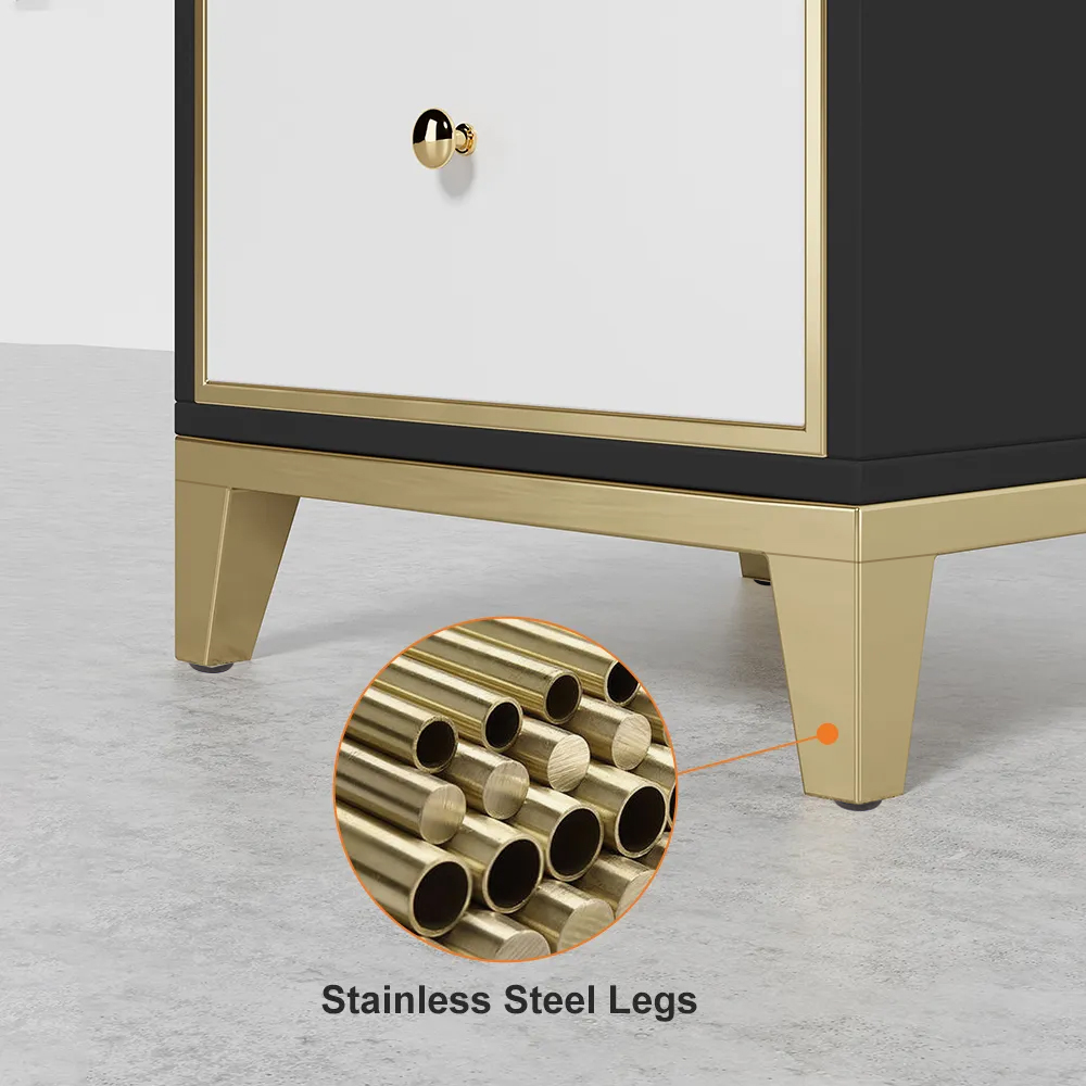 White & Black Modern Nightstand Bedside Table with 2Drawer and Gold