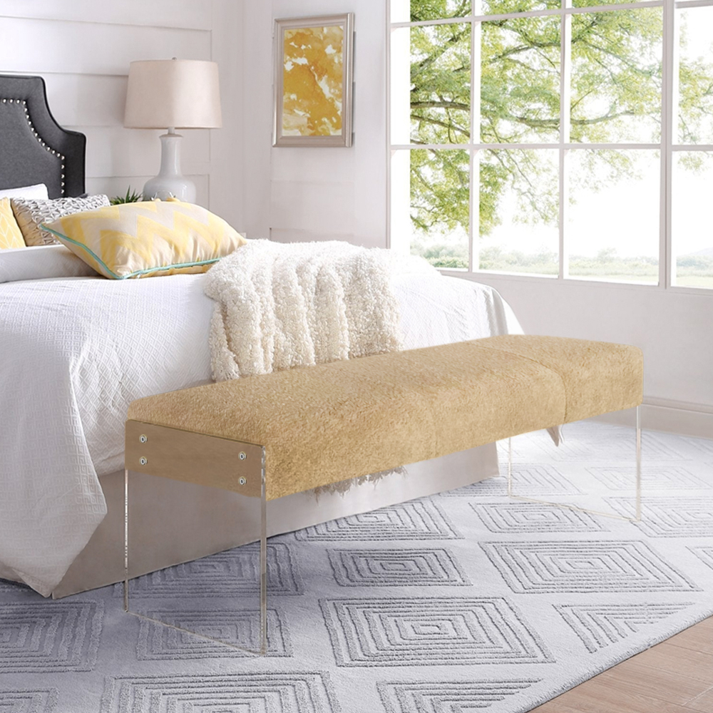 Image of Modern Bedroom Boucle Tufted Long Bench with Acrylic Base for Entryway