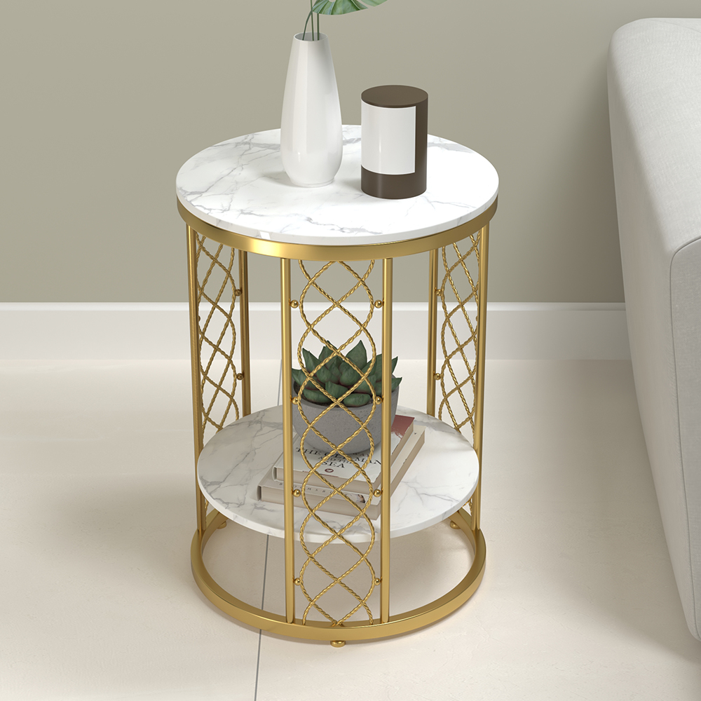 Modern White Round End Table with Storage Marble Side Table Metal in Gold