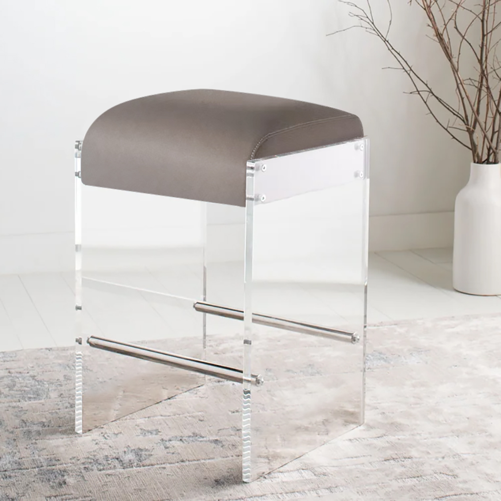 Image of Modern Brown Backless Counter Height Fabric Bar Stool with Footrest & Acrylic Base