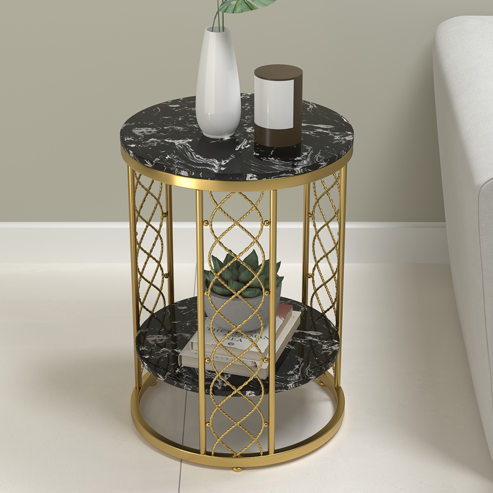 Black End Table with Storage Marble Side Table Metal in Gold