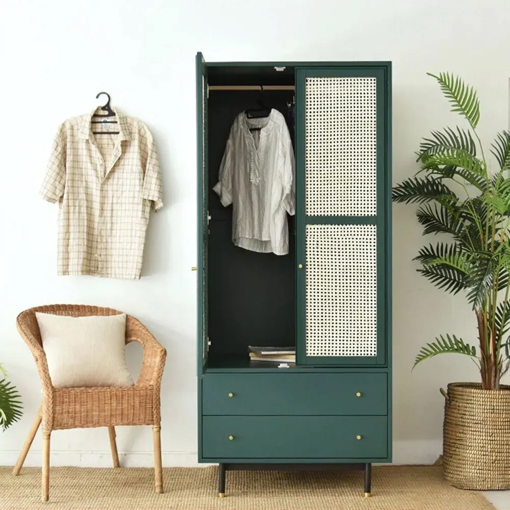 Green Wardrobe Closet Rattan Armoire Clothes Cabinet with 2 Drawers & 2 Doors