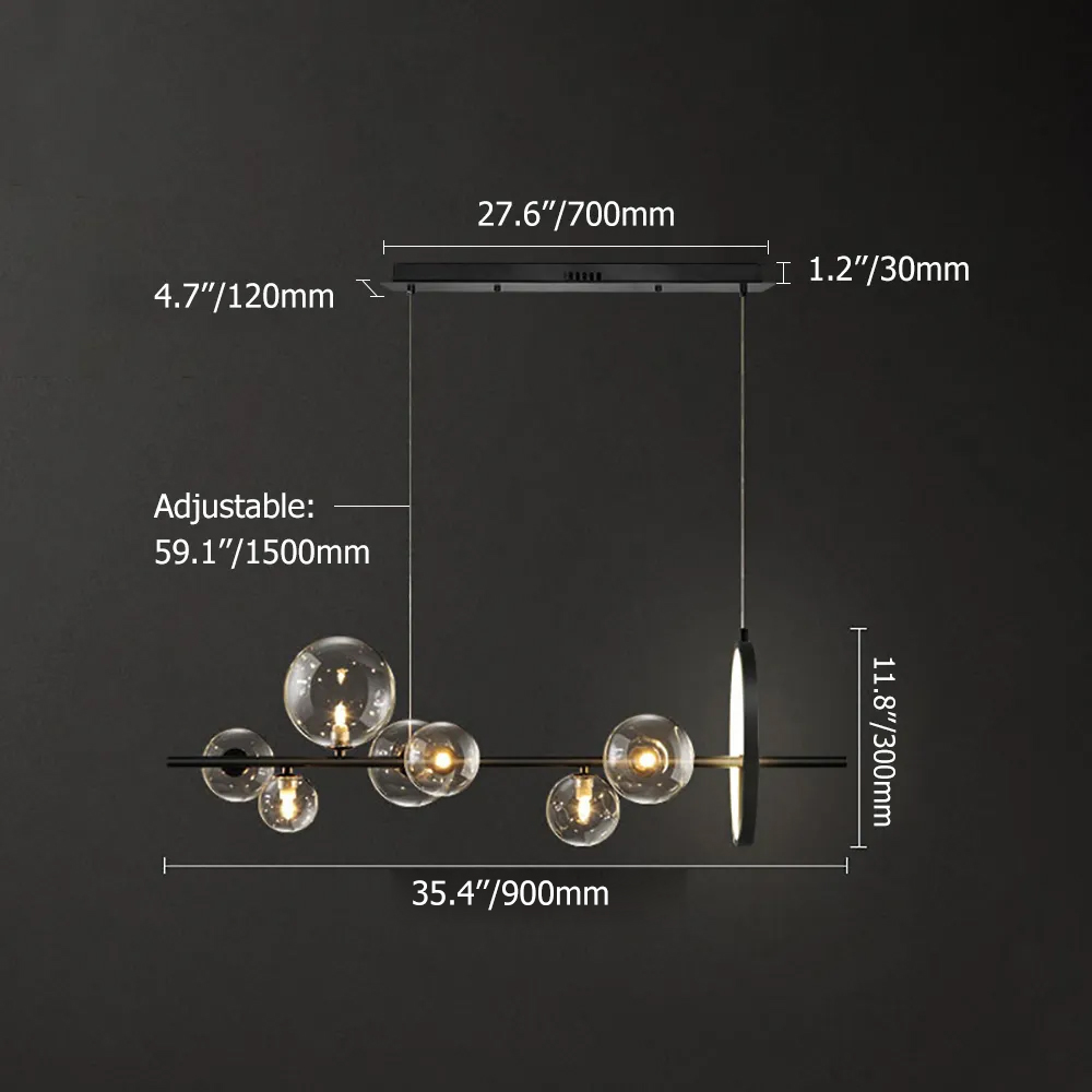 Moderne minimalistische Leuchte in Schwarz 7-Licht Glaskugelschirm Kücheninsel