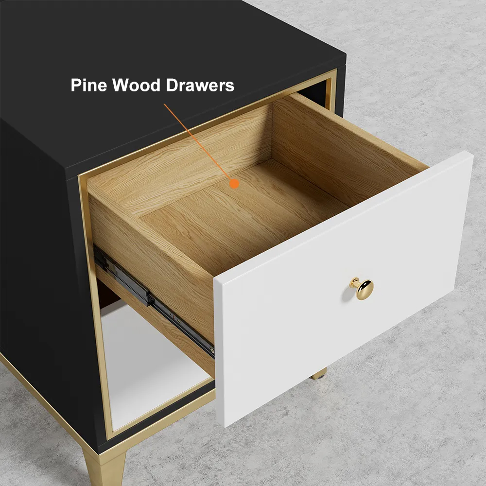 White & Black Modern Nightstand Bedside Table with 2Drawer and Gold