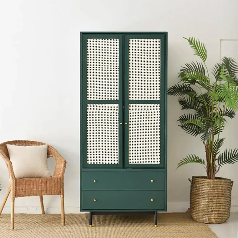 Green Wardrobe Closet Rattan Armoire Clothes Cabinet with 2 Drawers & 2 Doors