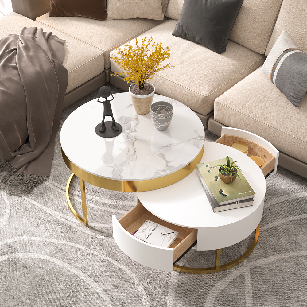 Nesnesis Modern Round Sintered Stone Nesting Wood Coffee Table with Drawers in White