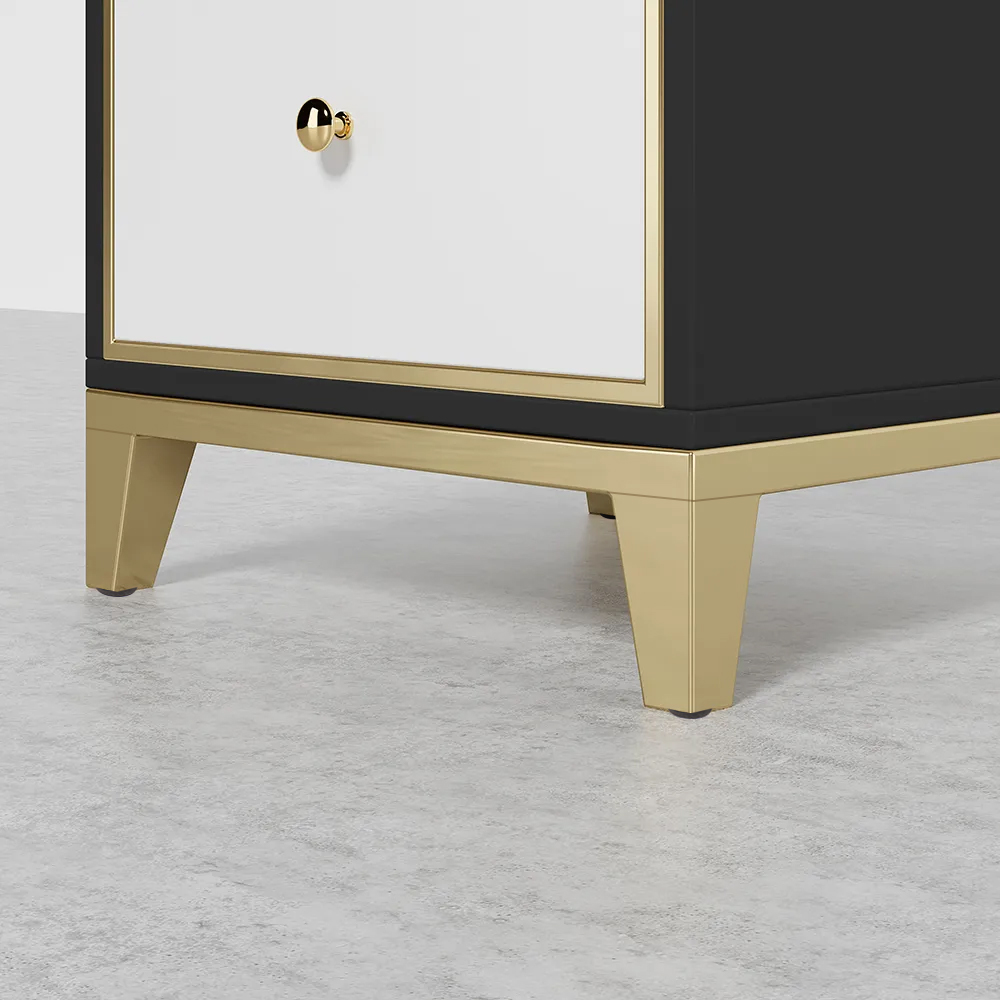 White & Black Modern Nightstand Bedside Table with 2Drawer and Gold