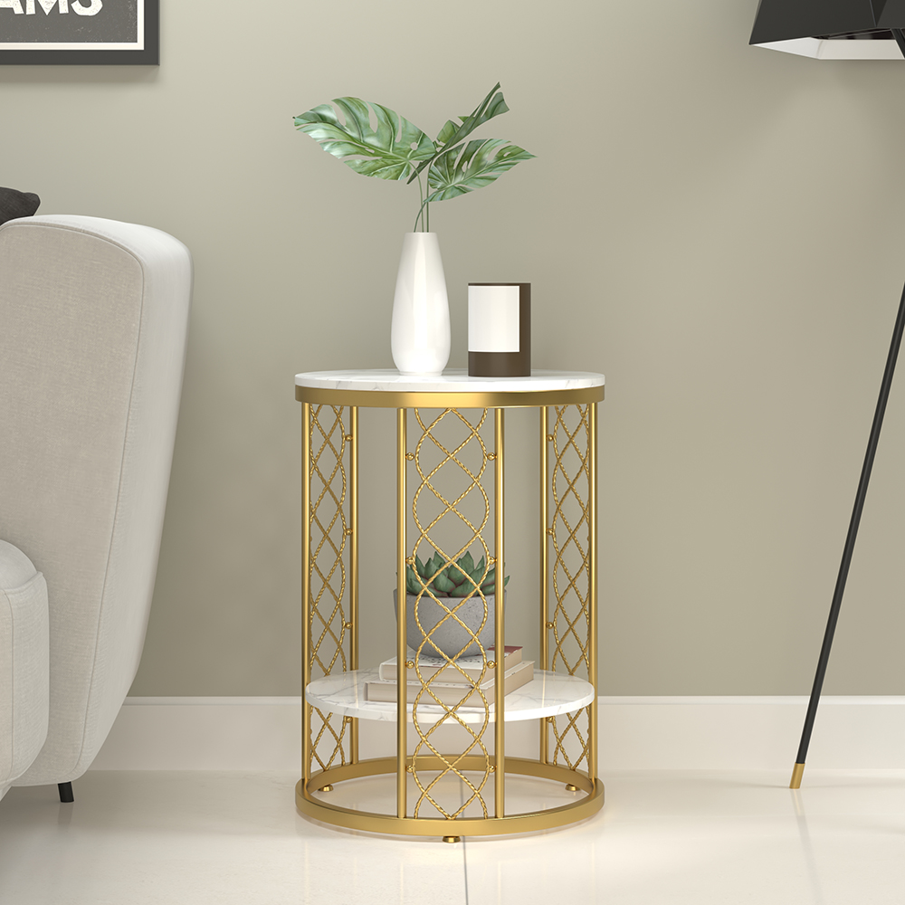 Modern White Round End Table with Storage Marble Side Table Metal in Gold
