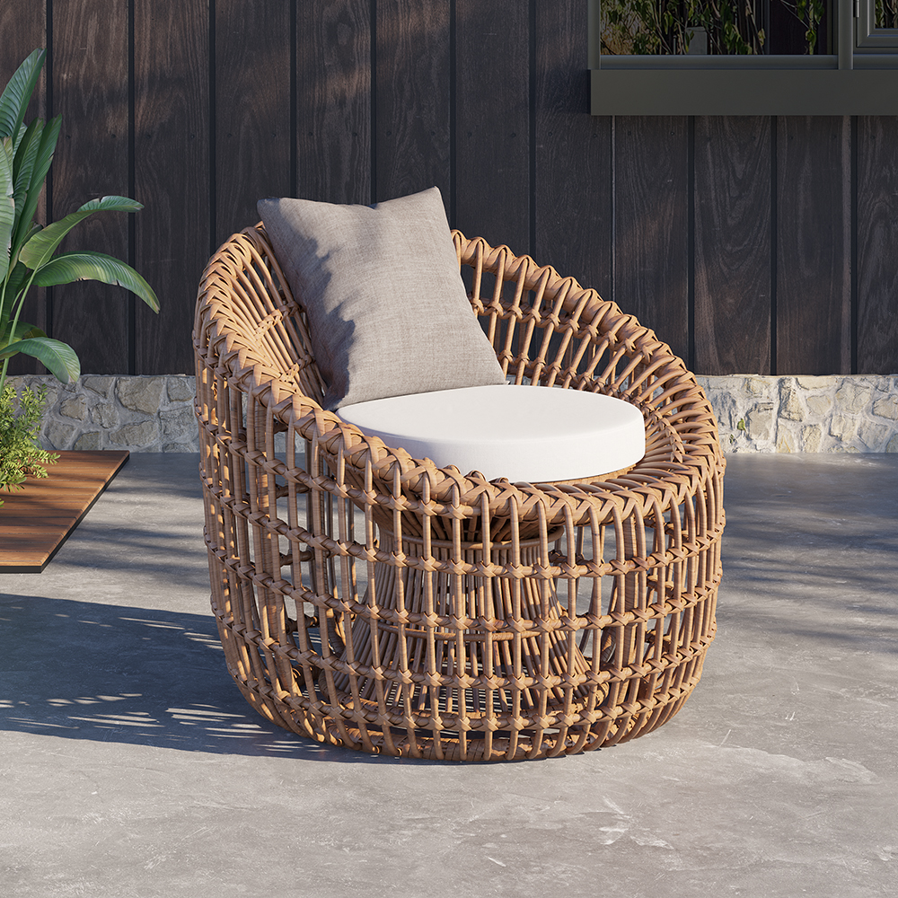 Image of Austen Rattan Outdoor Barrel Chair Nest Shape Sidechair with Cushion in Brown
