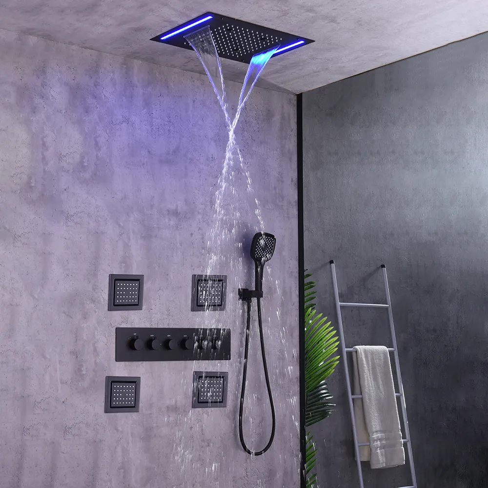 20'' Wall-Mounted LED Thermostatic Shower System with Waterfall Rain ...