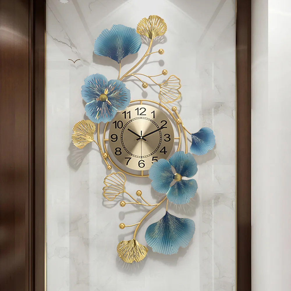 Modern Metal Large Wall Clock 3D Ginkgo Leaves & Flowers Home Decor Art