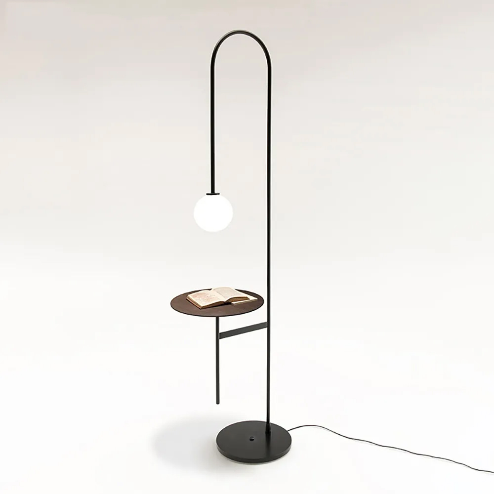 Modern Arc Floor Lamp with Shelf in Black Glass Shade Included Table