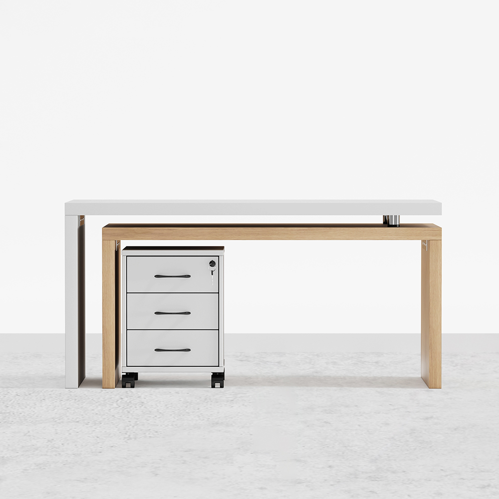 Modern Swivel Desk with Movable File Cabinet White & Natural L-Shaped Rotating Desk